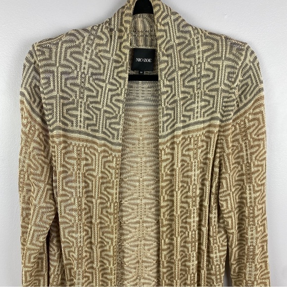 NIC + Zoe Linen Blend Boho Geometric Open Front Fringe Cardigan Medium Cream - Picture 4 of 12